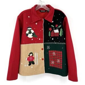 Take Two Womens Wool Blend Retro Holiday Jacket Size Large Red Snowman Festive